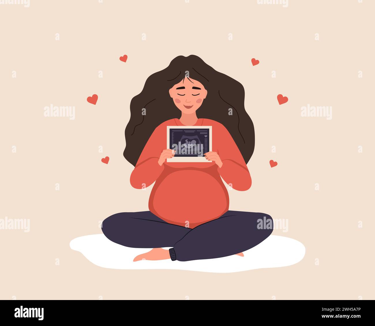 Ultrasound of baby. Pregnant woman in lotus position holding fetus ...