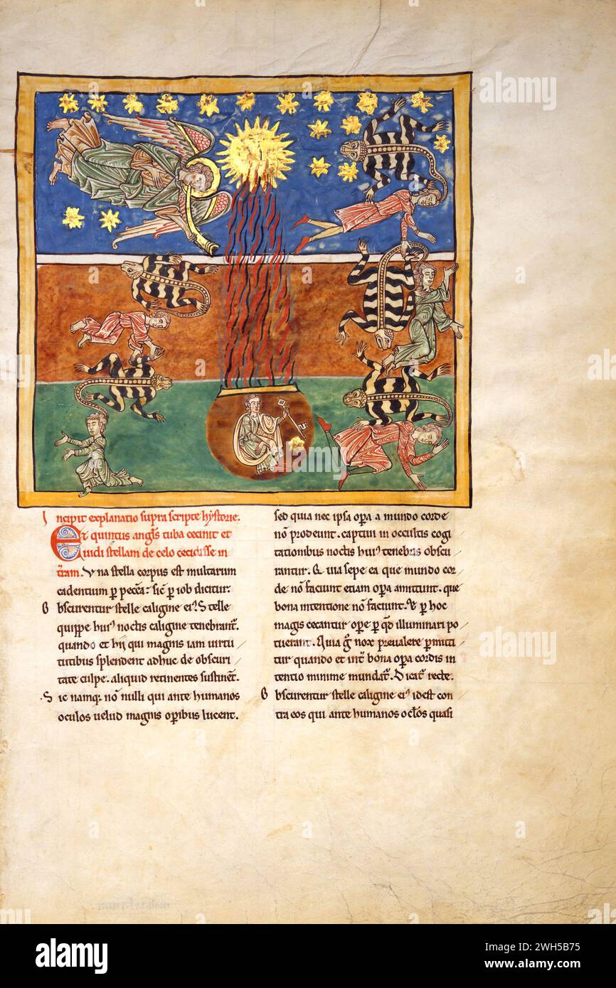 Spain: 'At the Clarion of the Fifth Angel's Trumpet, a Star Falls from the Sky; the Bottomless Pit is Opened with a Key; Emerging from the Smoke, Locusts Come Upon the Earth and Torment the Deathless'. Illuminated page from a copy of the 'Commentary on the Apocalypse' by Beatus of Liébana, 1180.  Commentary on the Apocalypse (Commentaria In Apocalypsin), or the Beatus, was originally an eighth century work by the Spanish monk and theologian Beatus of Liébana. Today, it refers to any of the extant manuscript copies of this work, especially any of the 26 illuminated copies that have survived. Stock Photo