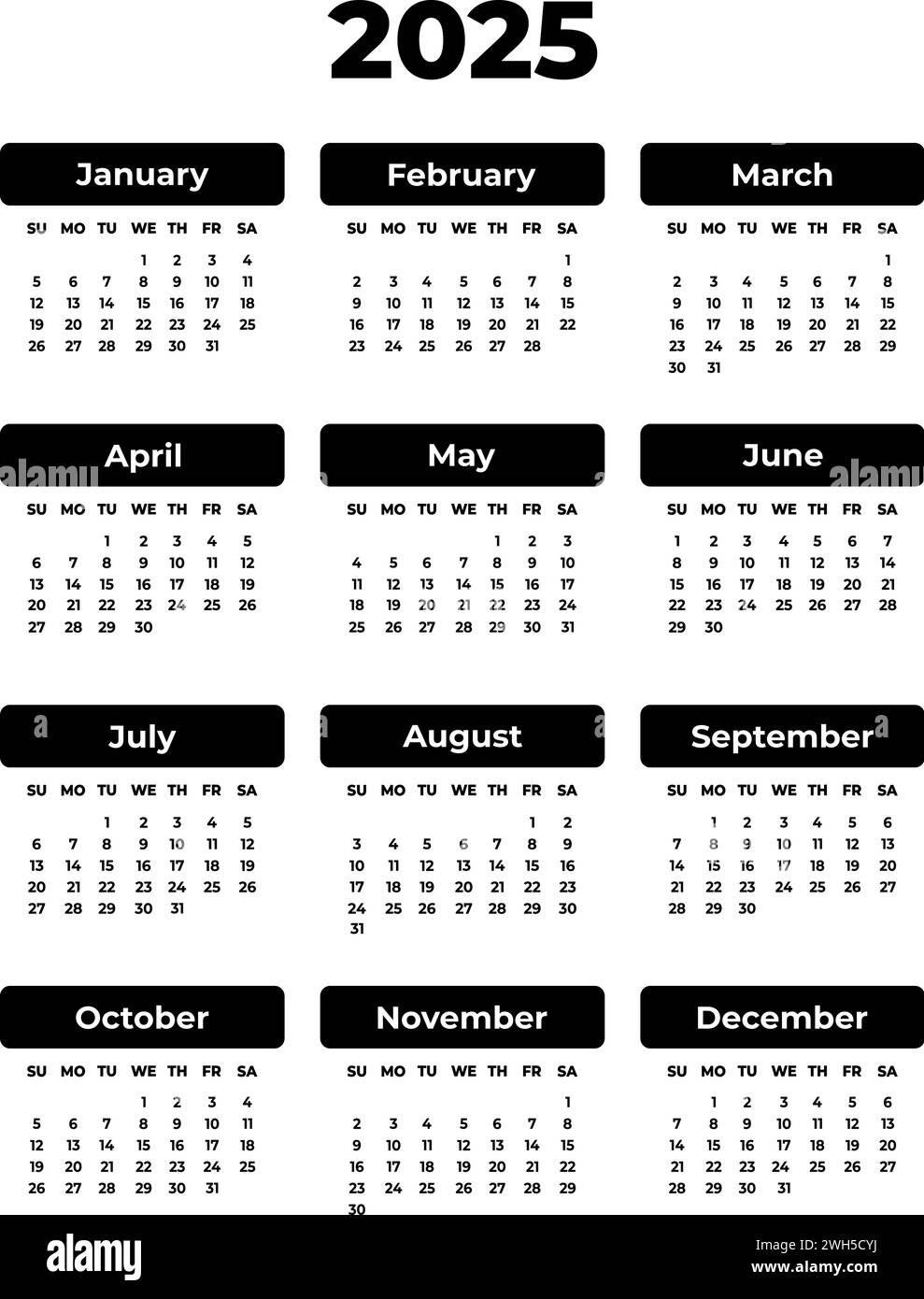 Vector vertical rectangular black calendar for 2025 year. Large bold font. Isolated image. Illustration template for design, planner Stock Vector