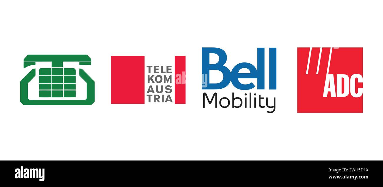 Telekom Austria, ADC Telecommunications, Bell Mobility, Mahanagar Telephone Nigam Limited. Vector illustration, editorial logo. Stock Vector