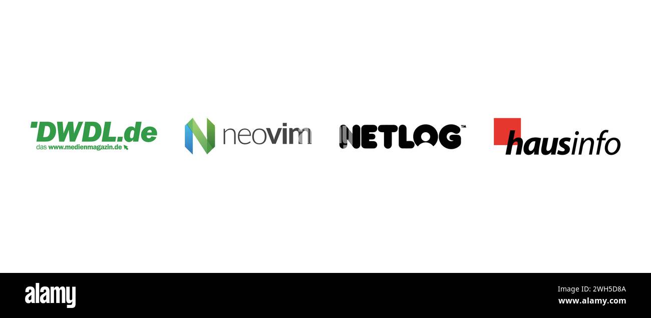 Hausinfo, Netlog, Neovim, DWDL. Vector illustration, editorial logo