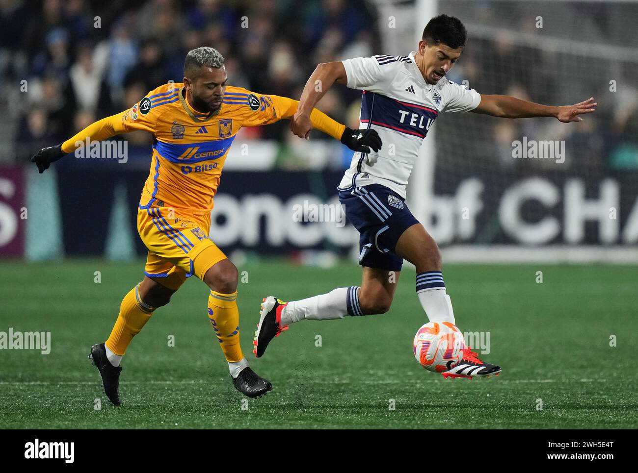 Laborda Langford, Canada. 07th Feb, 2024. Tigres UANL's Rafael Carioca, left ...