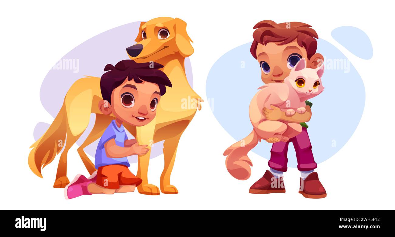 Kid boy with pet dog and cat. Happy preschool male child taking care and cuddle fluffy pet. Cartoon vector illustration set of love and friendship between baby owner and his puppy and kitty. Stock Vector