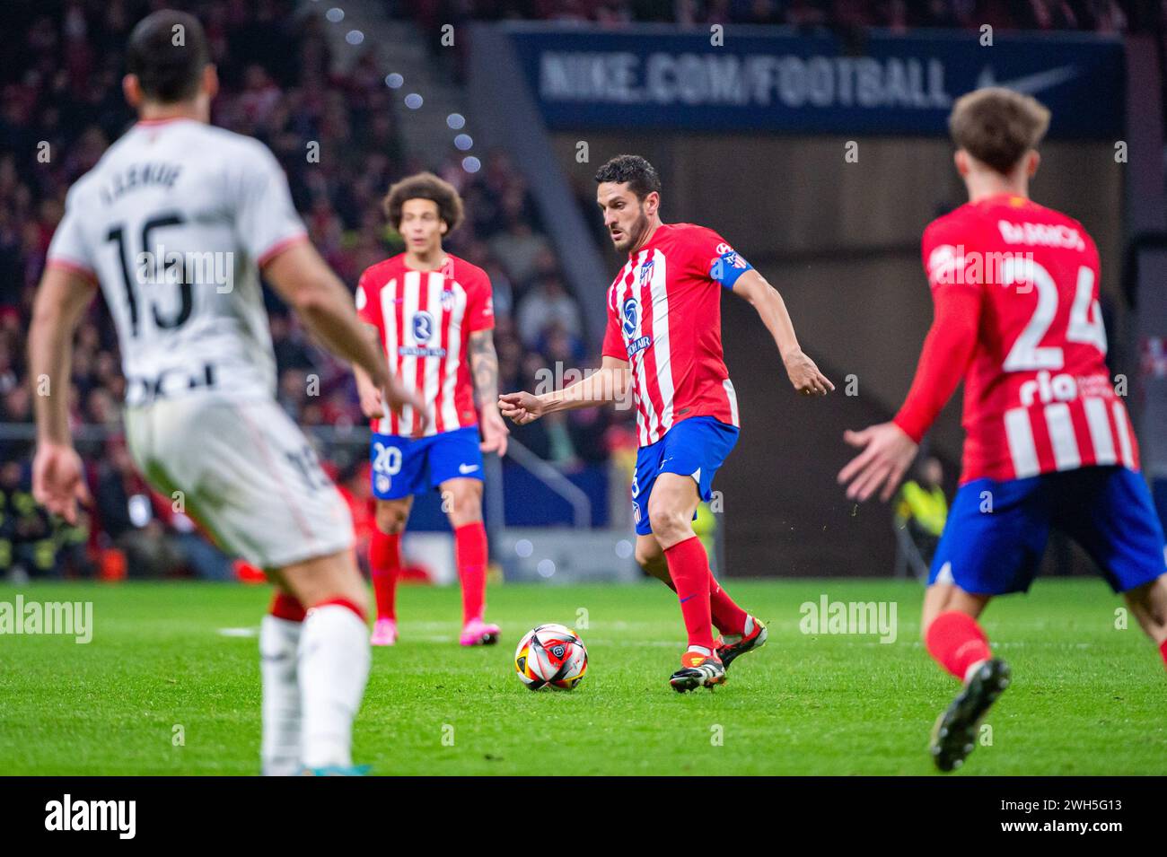 Madrid, Spain. 07th Feb, 2024. Jorge Resurreccion Merodio (Koke) (C) of Atletico Madrid seen in action during the Copa del Rey semi-final Leg 1 of 2 between Atletico Madrid and Athletic Bilbao at Civitas Metropolitan Stadium. Final score; Atletico Madrid 0:1 Athletic Bilbao. Credit: SOPA Images Limited/Alamy Live News Stock Photo