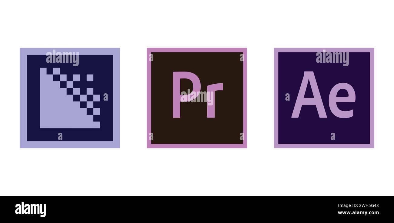 Adobe Media Encoder CC, Adobe Premiere Pro CC, Adobe AfterEffects CC. Editorial brand emblem. Stock Vector