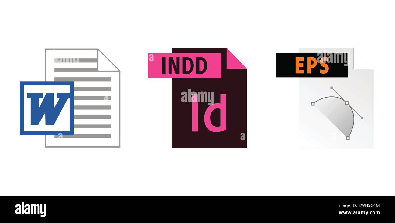 Microsoft Word Doc, Adobe Illustrator EPS, Adobe Indesign File. Editorial brand emblem. Stock Vector