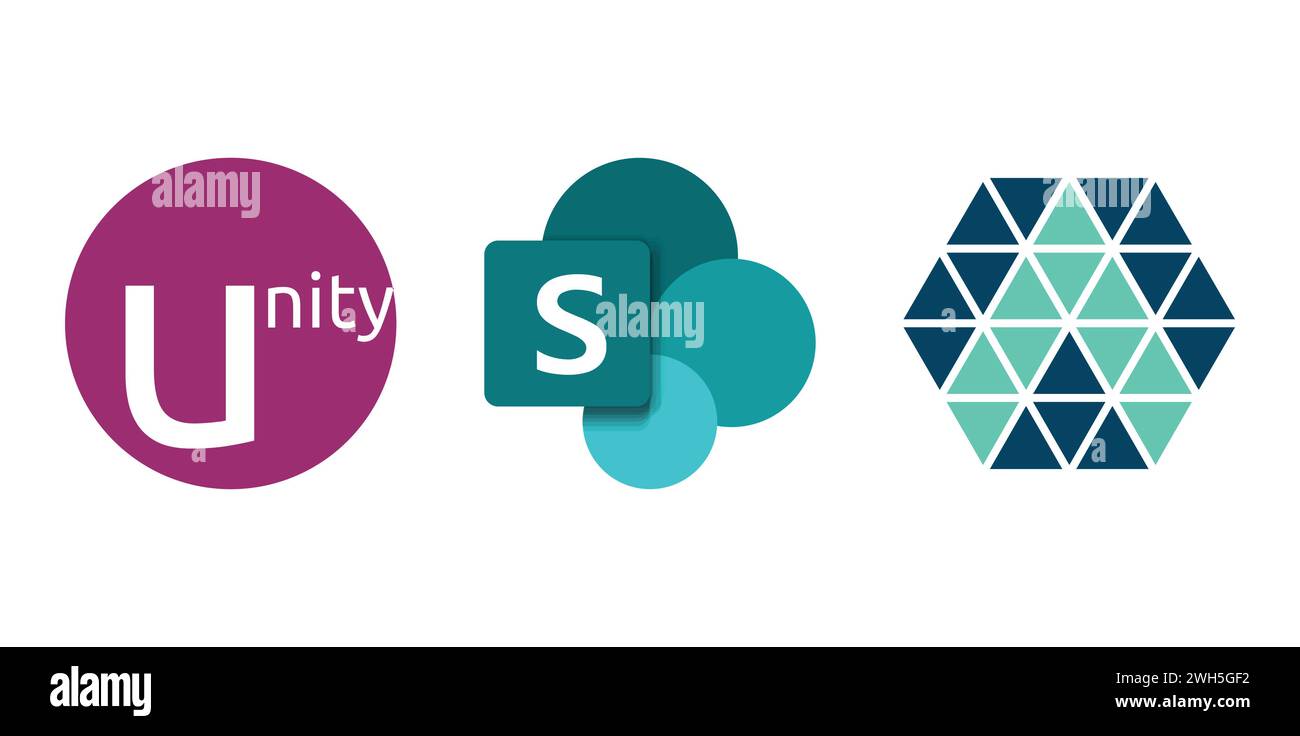 Unity, Microsoft SharePoint, Aurora. Editorial brand emblem. Stock Vector