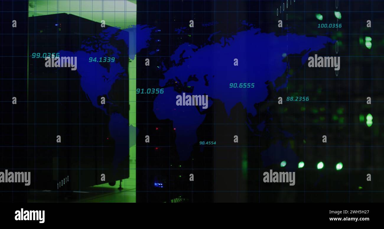 Image of data processing over world map on black background Stock Photo ...