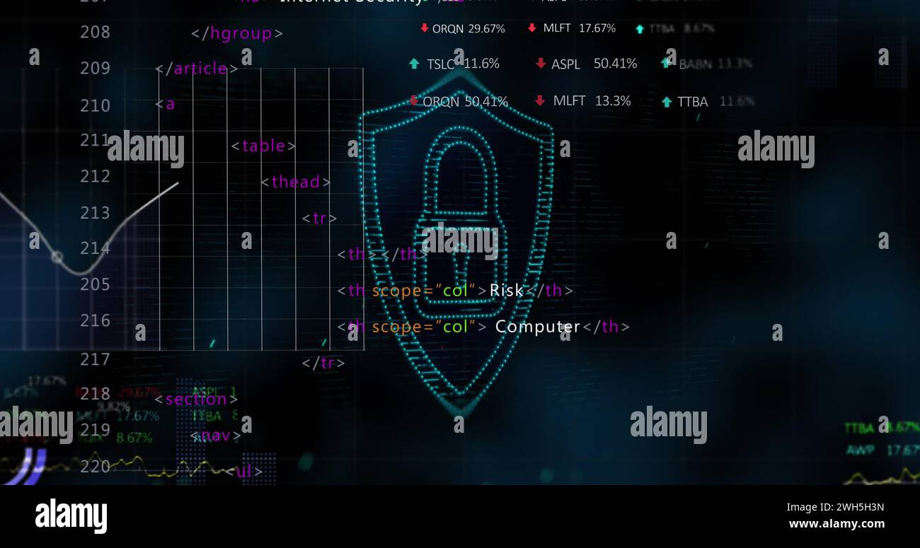 Image of digital shield with padlock over data processing on black background Stock Photo