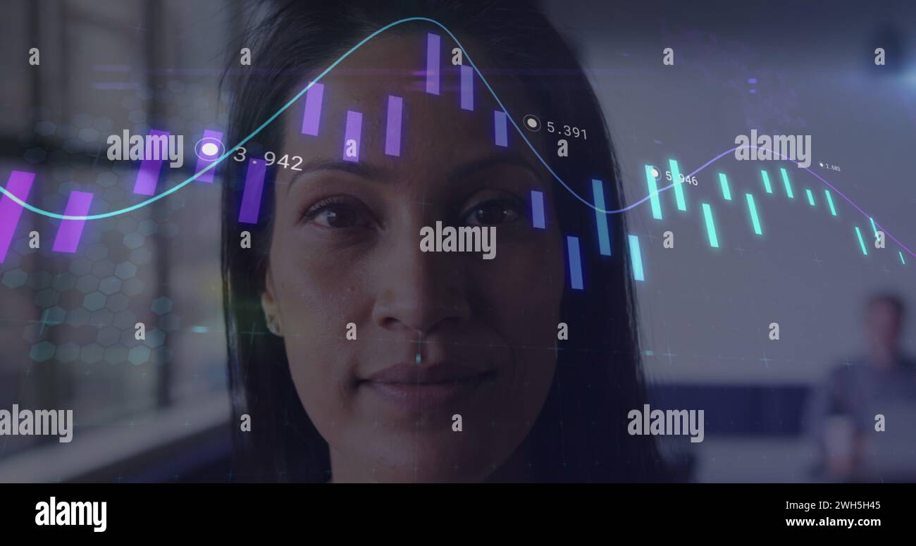 Image of data processing over biracial woman Stock Photo
