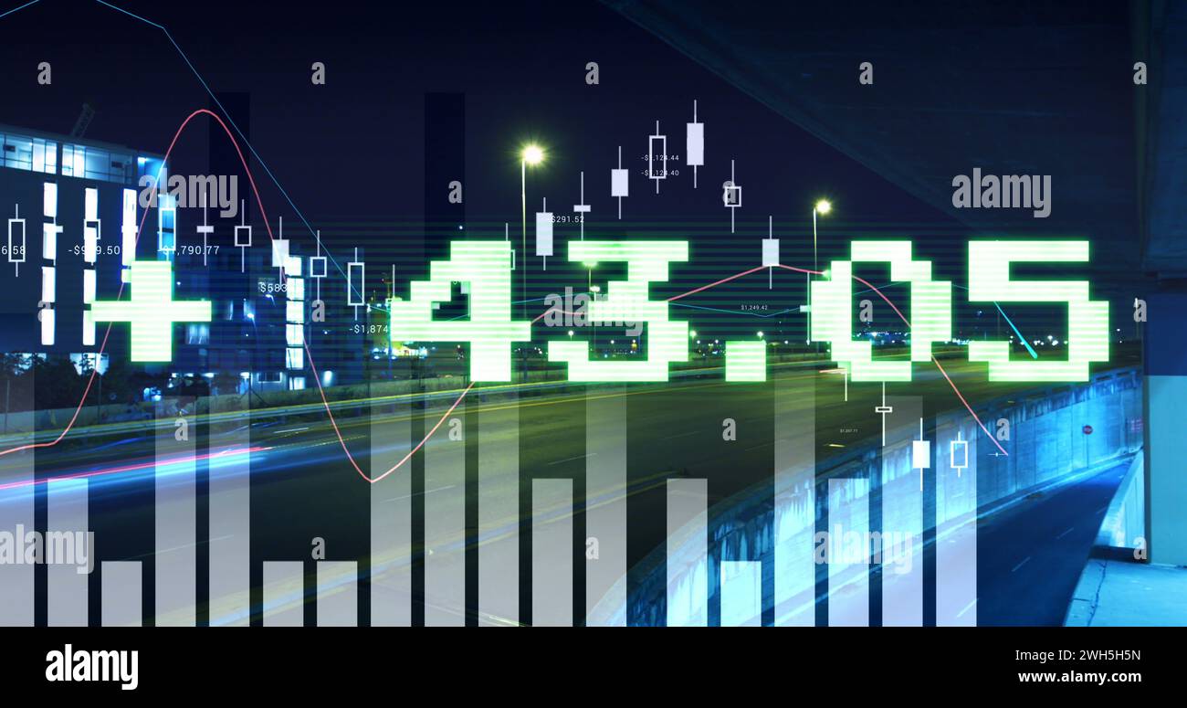 Image of data processing over cityscape Stock Photo
