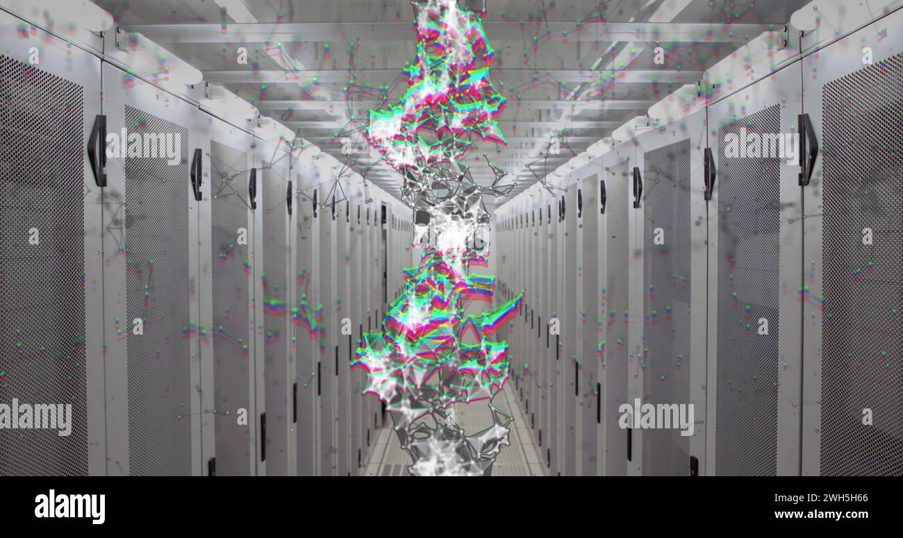 Image of dna rotating over servers Stock Photo