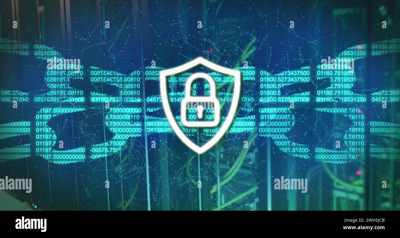 Image of padlock over server room Stock Photo