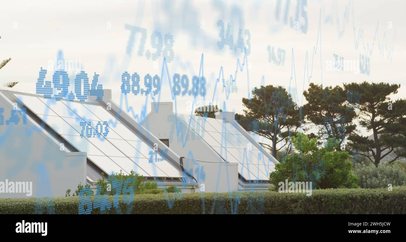 Image of statistics and data processing over house Stock Photo