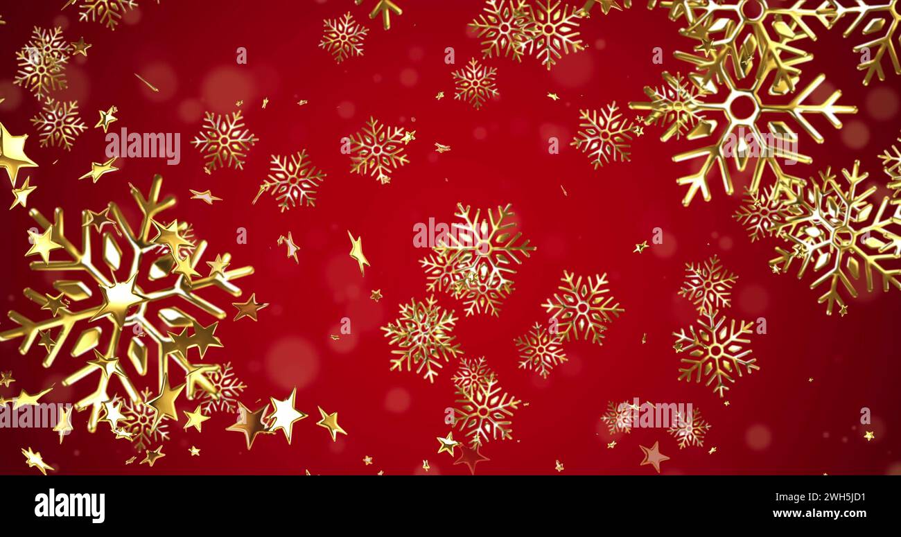 Image of christmas gold snowflakes falling on red background Stock ...