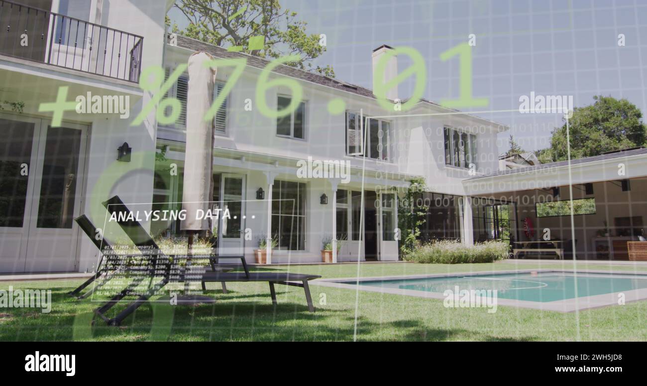 Image of statistics and data processing over house Stock Photo