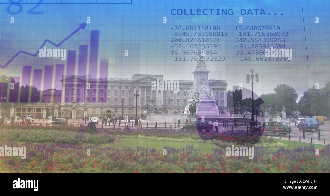 Image of statistics and data processing over palace Stock Photo