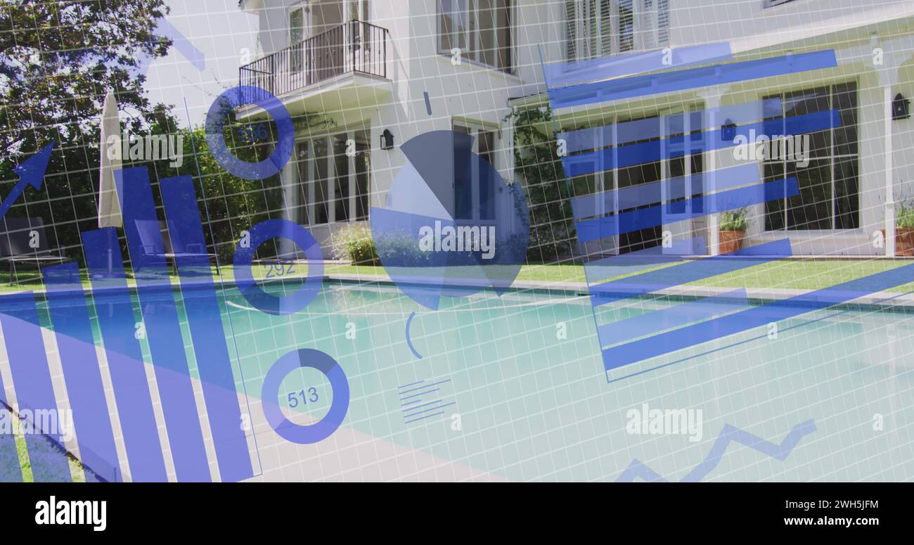 Image of statistics and data processing over house Stock Photo