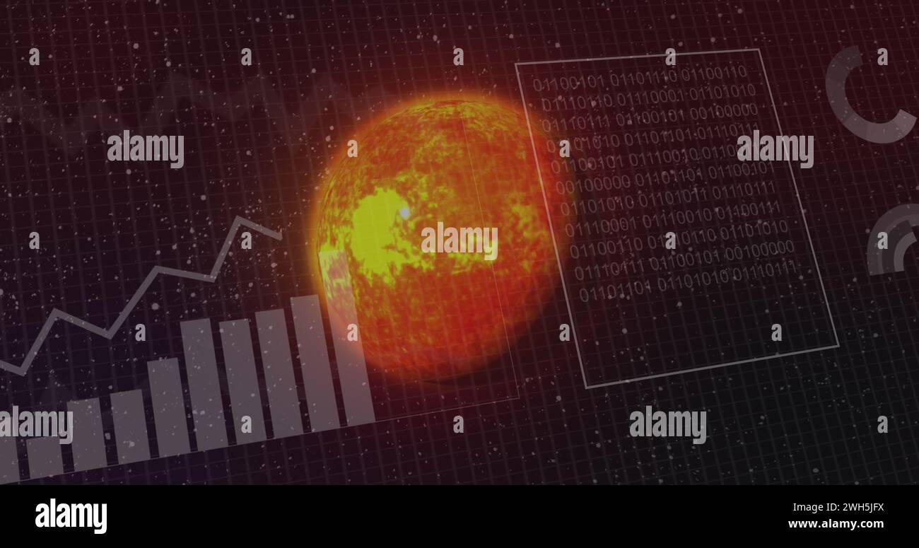 A fiery digital representation of the sun dominates the image, with ...