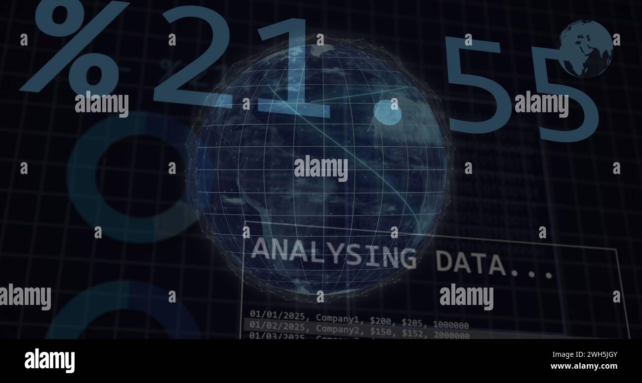 Image of statistics and data processing over globe Stock Photo