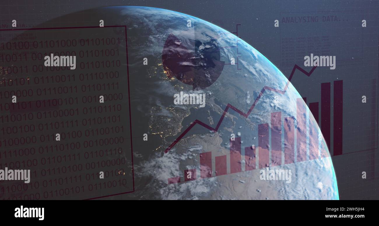 Image of statistics and data processing over globe Stock Photo