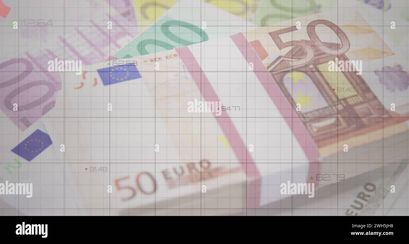 Euro currency notes are overlaid on financial charts, indicating economic analysis Stock Photo