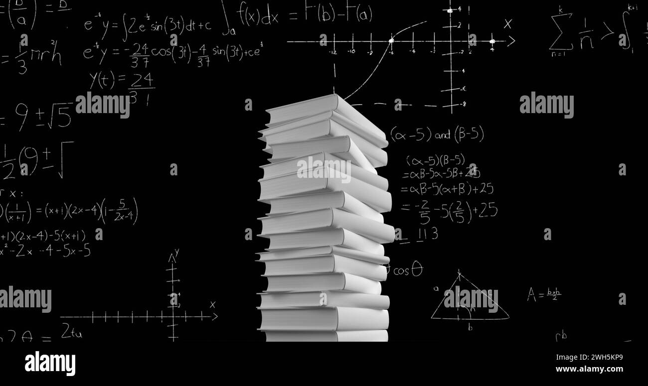 Image shows white books with animated math equations on a dark backdrop. Stock Photo