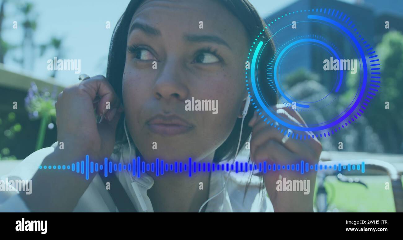 Image Of Scope Scanning And Music Graphic Equalizer Over Woman Using