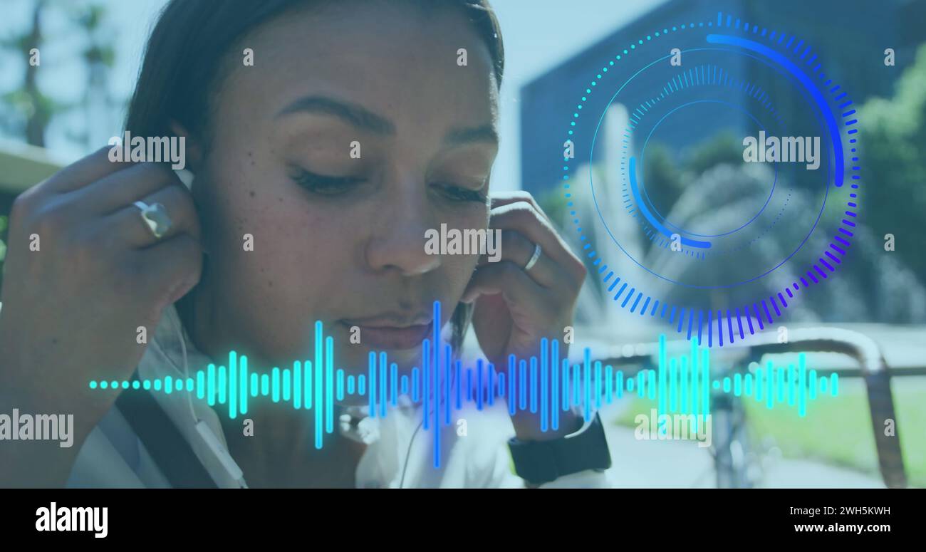 Image Of Scope Scanning And Music Graphic Equalizer Over Woman Using