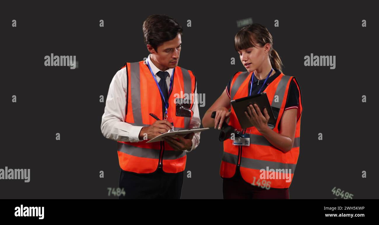 Image of scientific data processing over two caucasian people Stock Photo