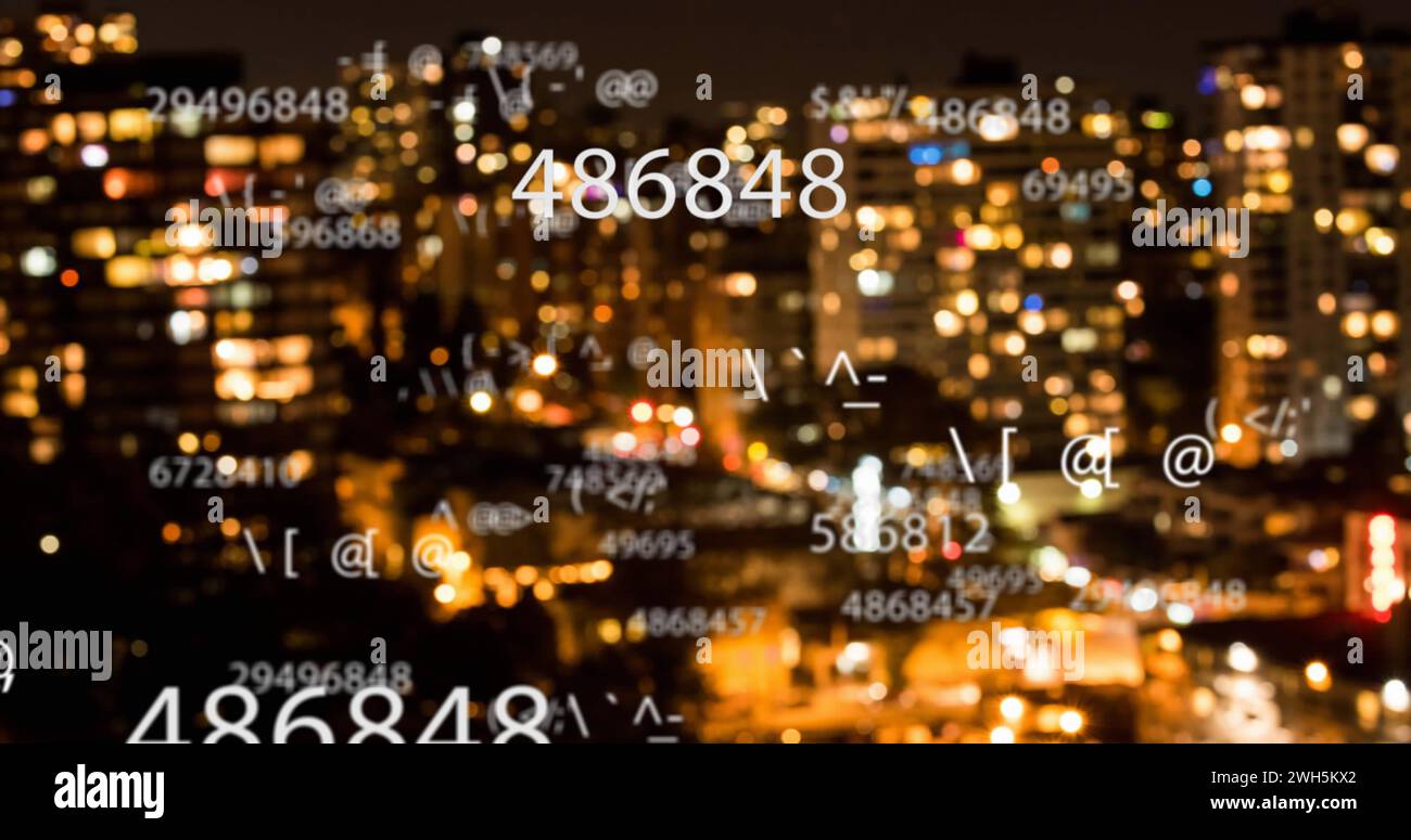 Image of scientific data processing over cityscape Stock Photo