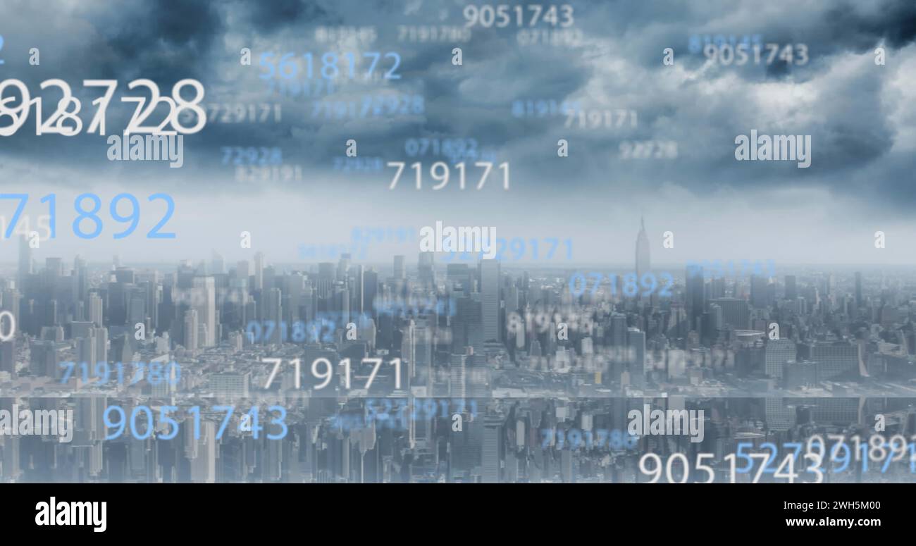 Image of scientific data processing over cityscape Stock Photo