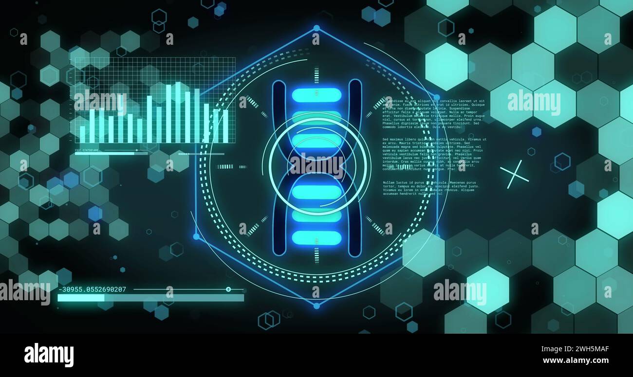 Image of dna strand icon and data processing on black background Stock ...