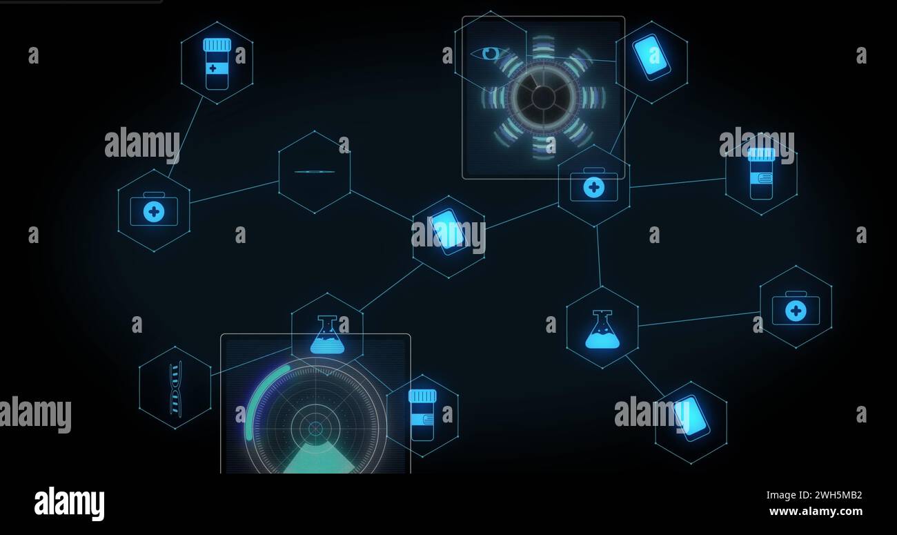 Image of medical icons with data processing on black background Stock ...