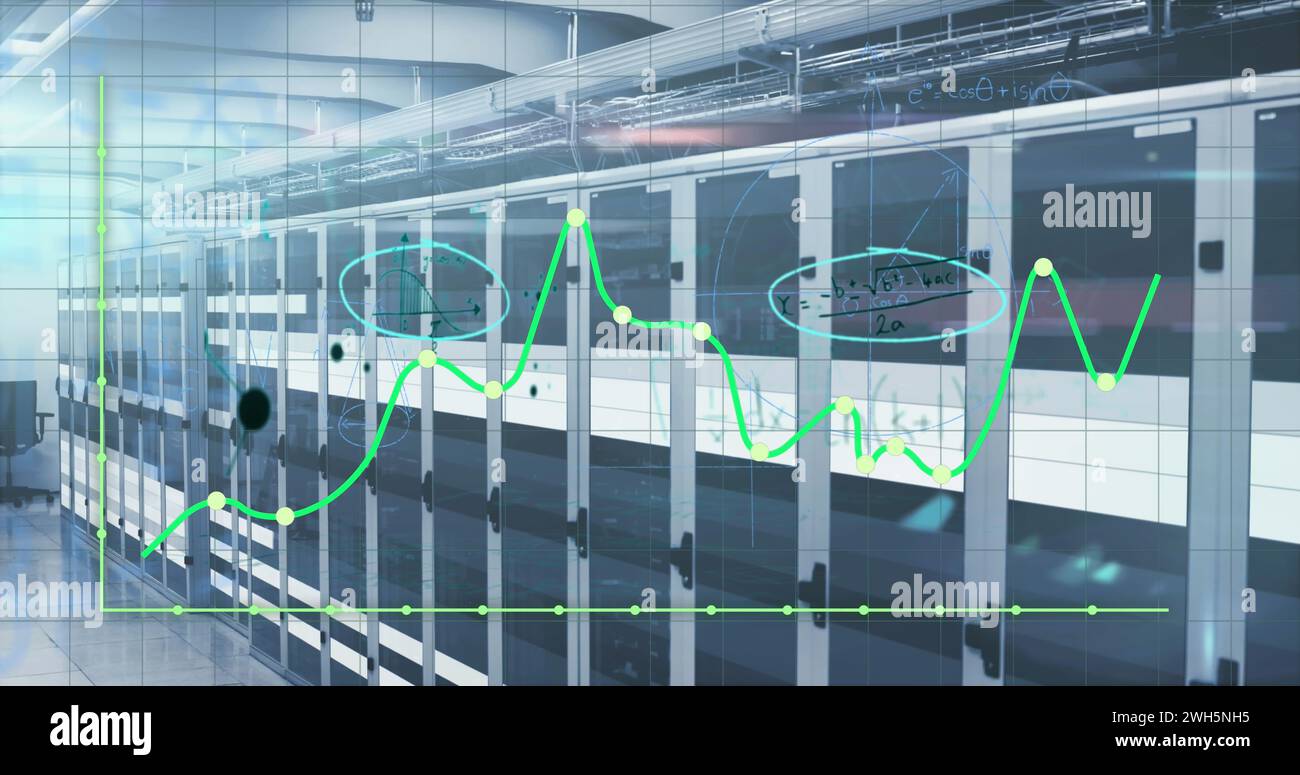 Image of graphs over light and servers Stock Photo