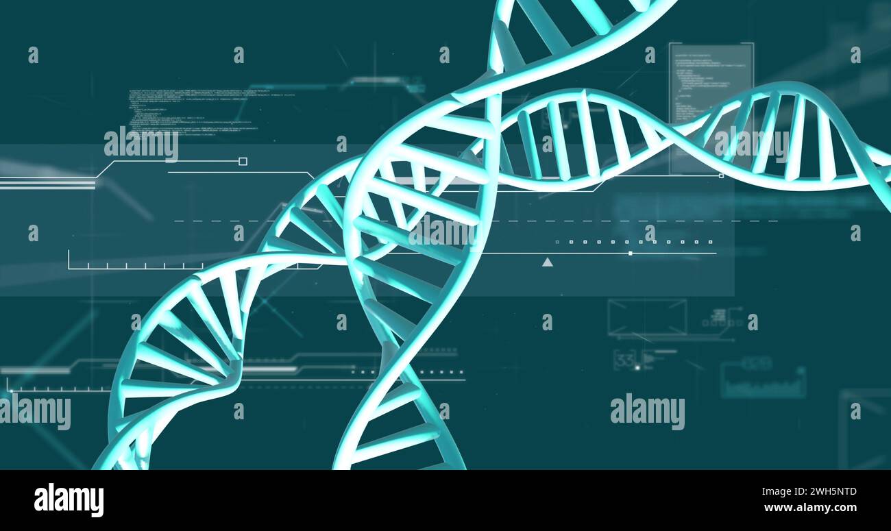Image of dna strands spinning with data processing over green background Stock Photo