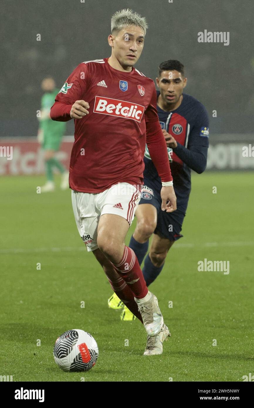 Martin Satriano Costa of Brest during the French Cup, round of 16 football match between Paris Saint-Germain (PSG) and Stade Brestois 29 (Brest) on February 7, 2024 at Parc des Princes stadium in Paris, France Stock Photo