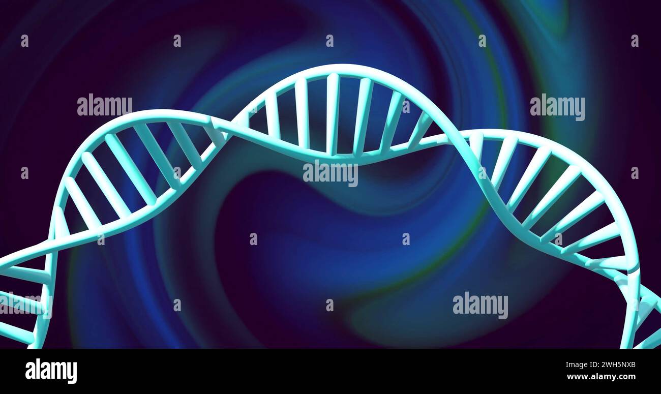 Image of dna strand spinning with glowing light trails over dark background Stock Photo