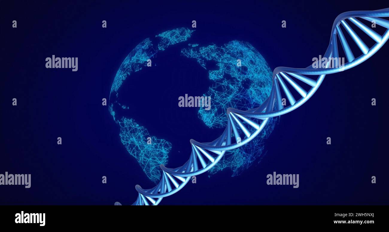 Image of dna strands spinning with glowing light trails over dark background Stock Photo