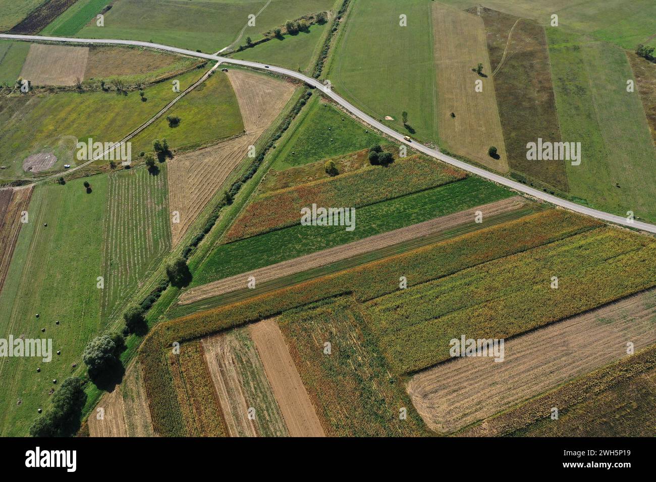 Aerial countryside view of agriculture fields, farmland, rural scenery by drone Stock Photo
