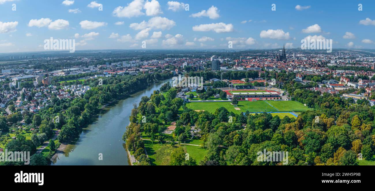 Ulm and Neu-Ulm around the Friedrichsau on the Danube from above Stock Photo