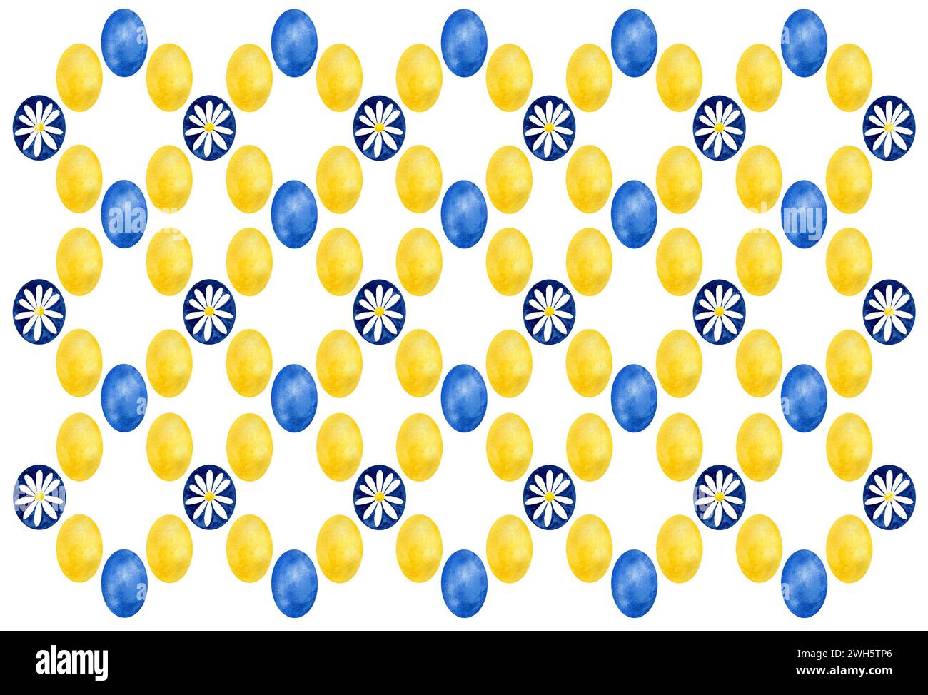 Pattern of ovals forming pattern. Pattern in the form of rhombuses. Blue, yellow ellipses and dark blue with daisy pattern. Watercolor. White backgrou Stock Photo