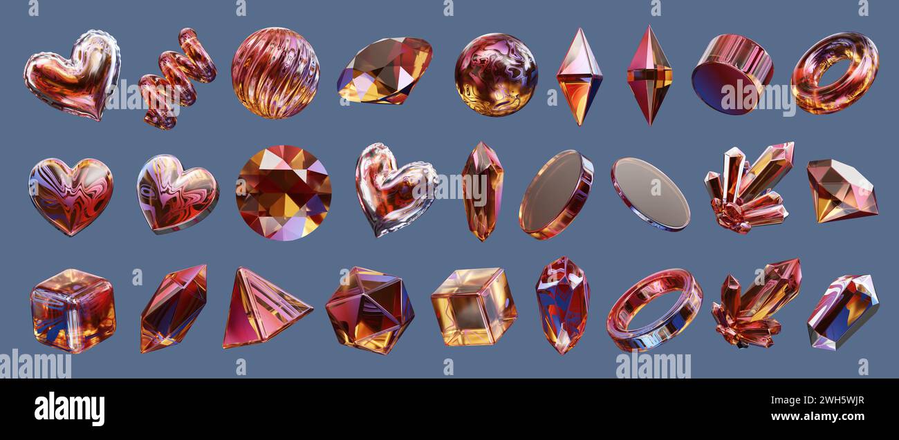 Heart and Gem decoration set pack isolated background 3d rendering ...