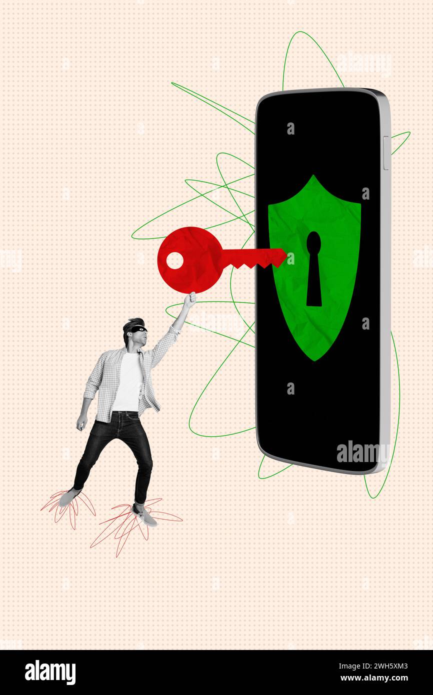 Picture of Creative vertical collage young man stealth robber try unlock phone ...