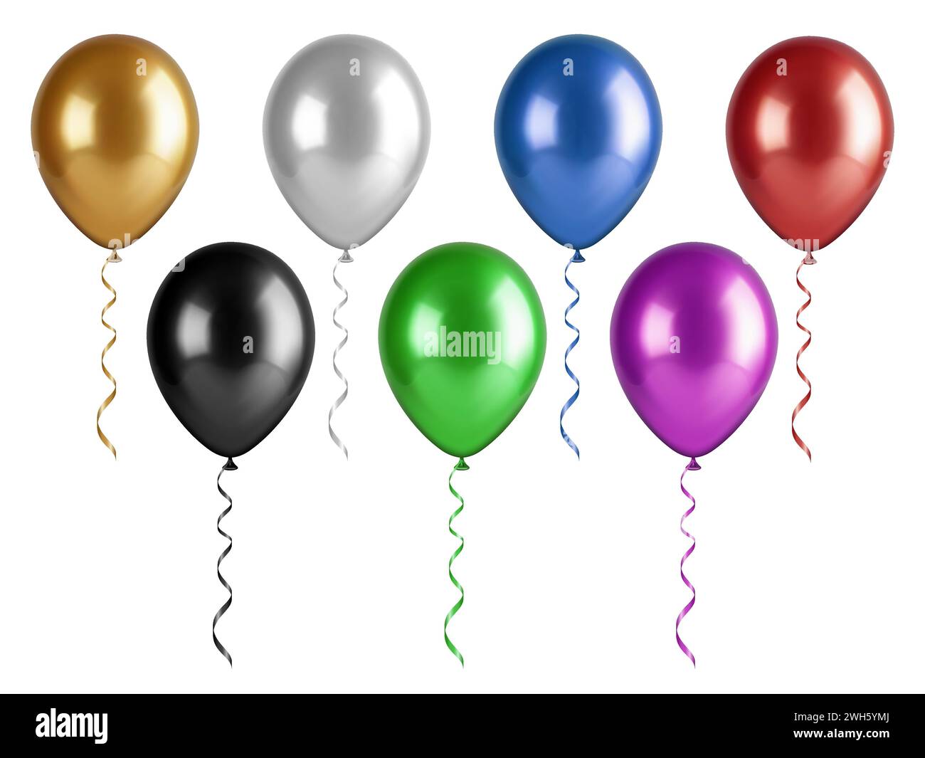 Glossy realistic balloon for birthday party. Black, gold, silver, white, purple, green, blue and red balloons isolated vector illustration on a white Stock Vector