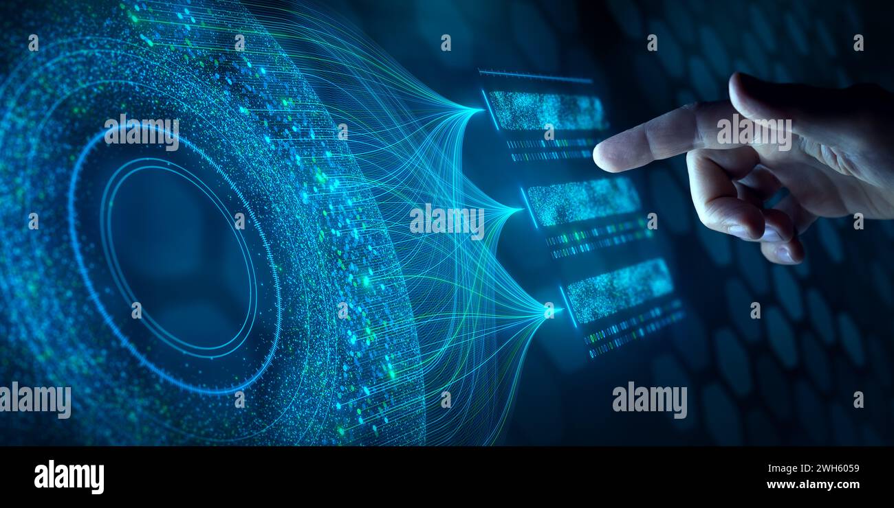 Big data analysis with AI technology. Person using machine learning and deep learning neural network for data science, data mining, business analytics Stock Photo