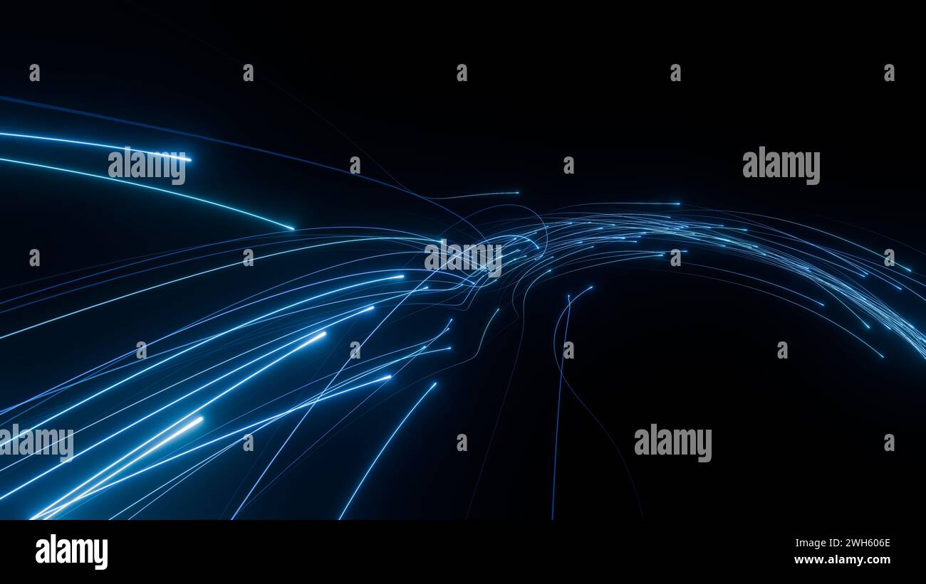 Data flow and transfer with high speed internet for AI analysis. Big data and machine learning and neural network technology. Glowing particles abstra Stock Photo