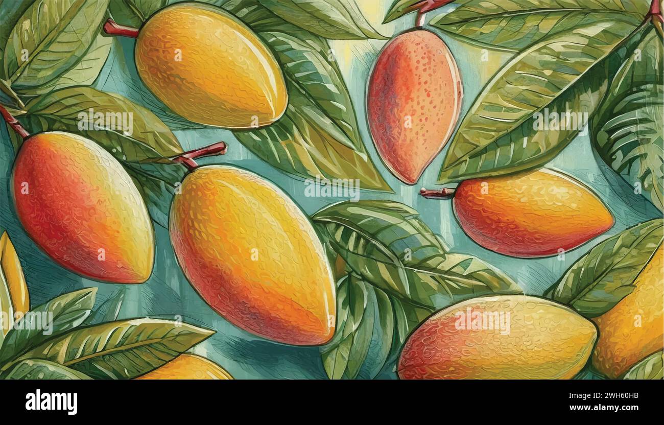 mango painting pattern, mango trees, mango drawing, mango fruit Stock
