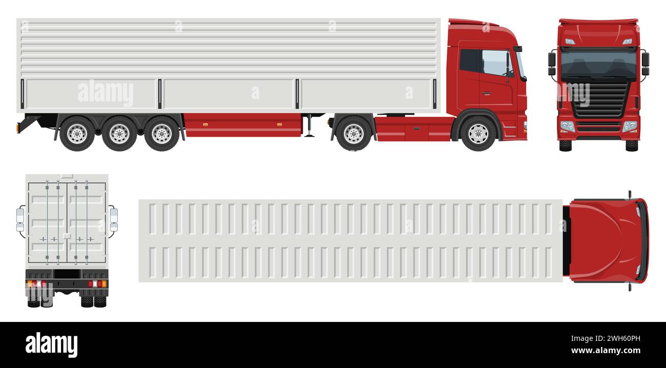 Wing van trailer truck vector template with simple colors without gradients and effects. View from the side, front, back, and top Stock Vector