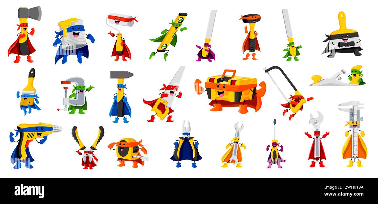 Cartoon diy and repair tool characters in superhero costumes. Vector hatchet, paint brush, spatula and jointer. Screwdriver, mallet, drill, wrench or spanner. Trammel, chisel, hammer and saw defenders Stock Vector